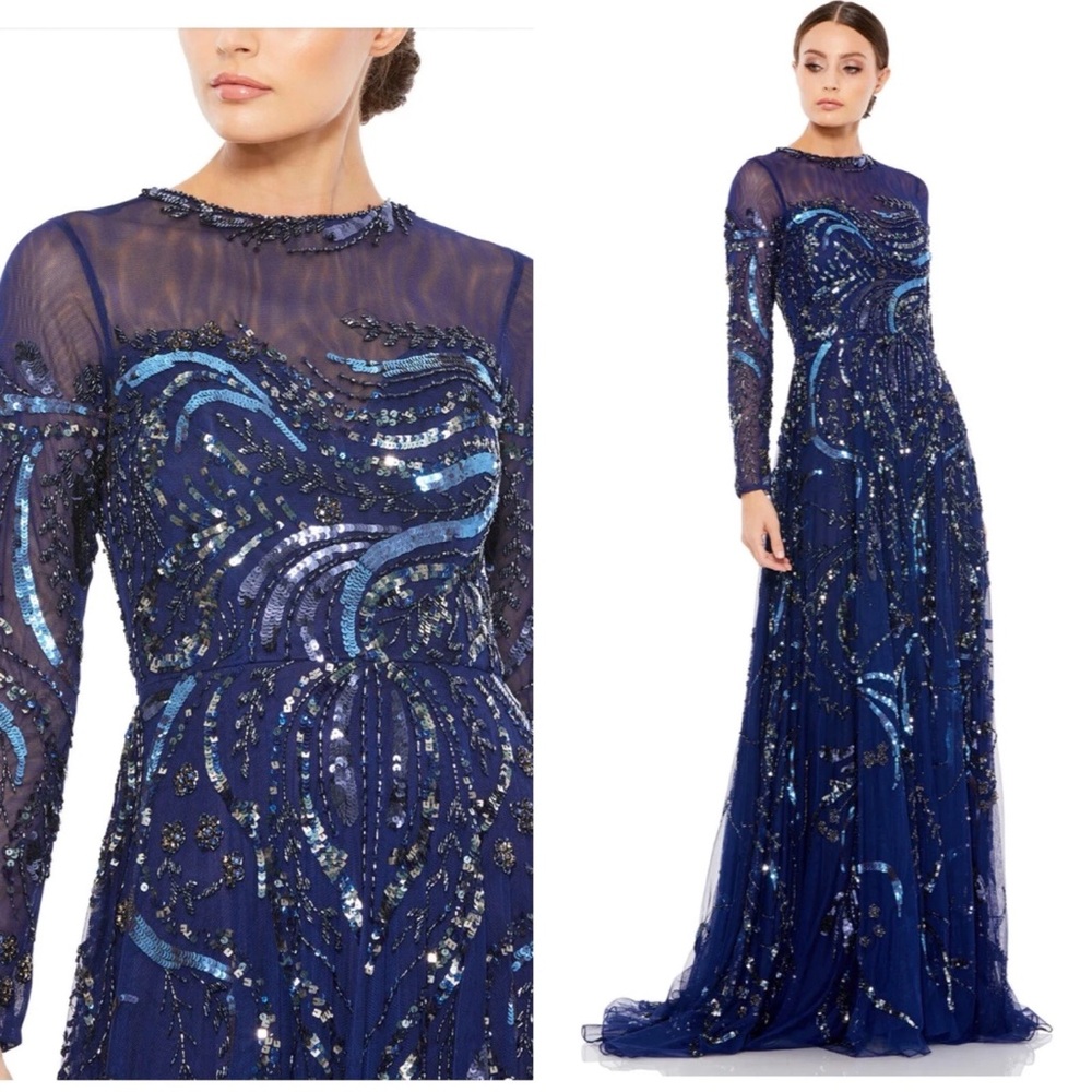 Mac Duggal Navy Blue Sequined Long Sleeve Evening Gown - Picture 9 of 11